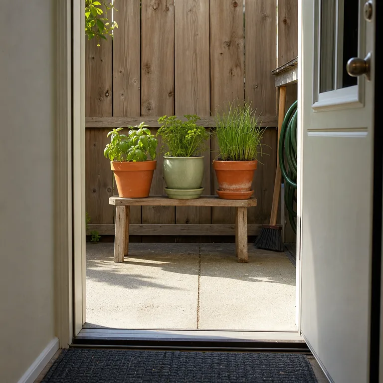 Three everyday cooking herbs in separate pots beside a back door on a small concrete patio.