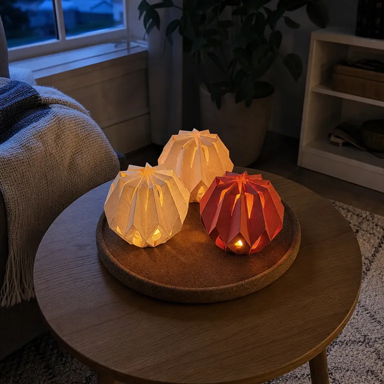 Three folded paper lanterns glow with flameless tea lights on a living-room coffee table.