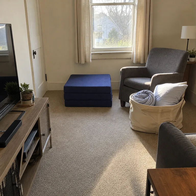 A folded tri-fold mattress and rolled bedding stored beside an armchair in a small living room after the morning reset.