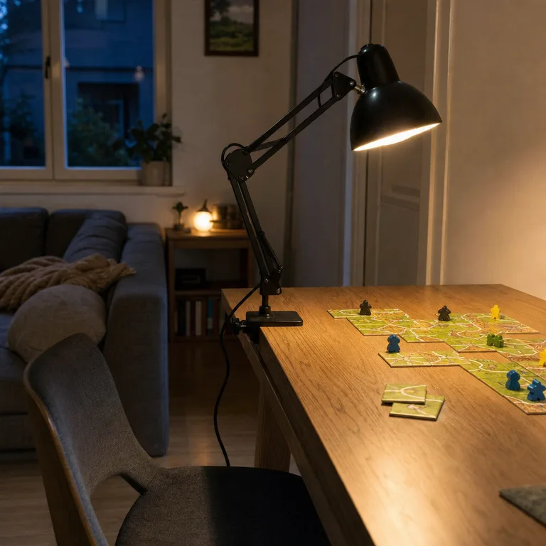 A clamp-on task light illuminating a tabletop game in a dim living room.