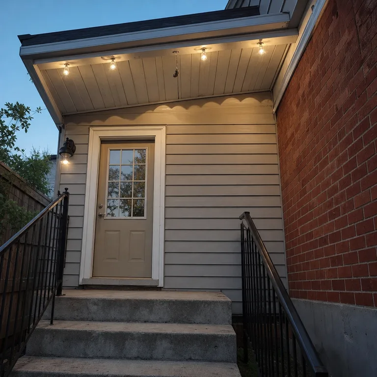 Warm string lights clipped under a shallow porch eave above an unobstructed front step.