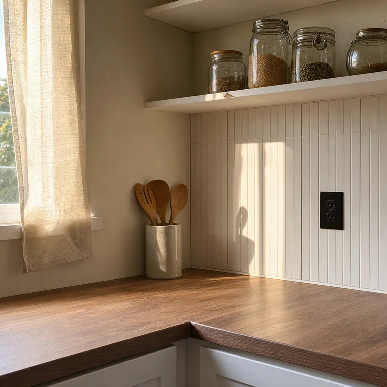 Slim vertical stacked-tile adhesive film fills a backsplash section under a kitchen shelf.