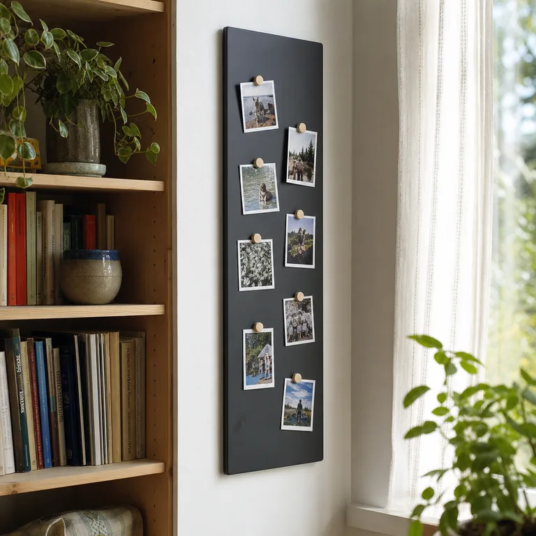 A slim charcoal magnetic board holds family photos with small round wooden magnets.