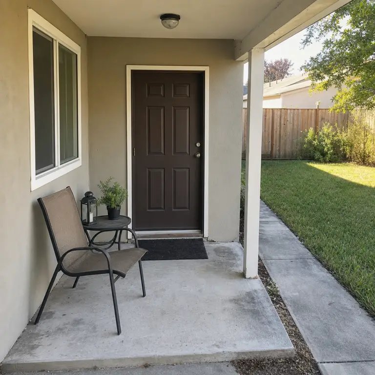 A small outdoor side table decorates a compact covered porch.