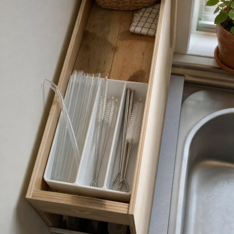 A divided pantry bin separates dry reusable straws, cleaning brushes, and small bottle accessories.