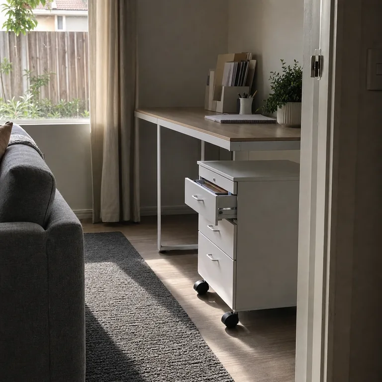 A narrow rolling drawer cart beside a desk stores bulk supplies and can move when needed.