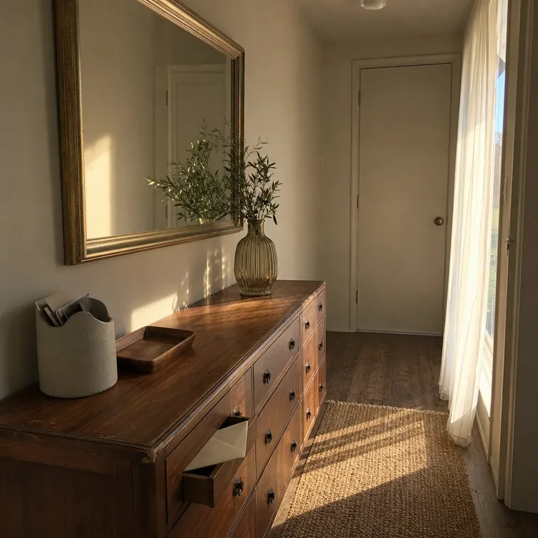 Wide rectangular mirror hung over a long wood dresser used as an entry landing surface.