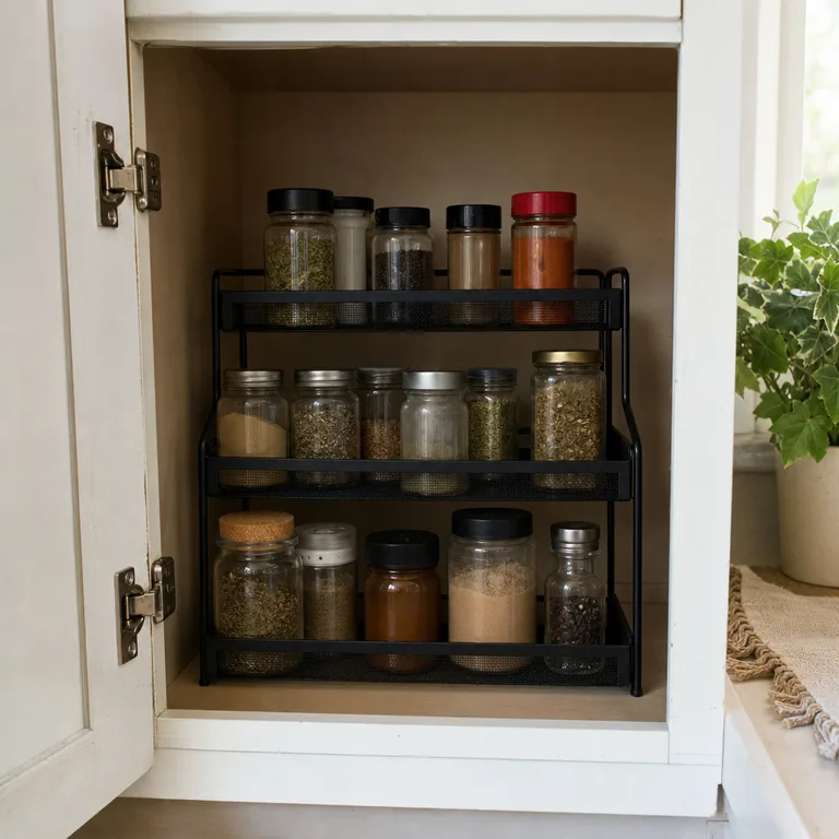A black tiered shelf displaying mixed spice containers inside a white kitchen cabinet.