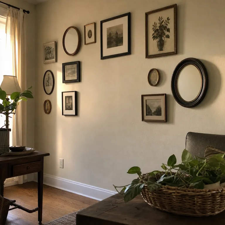Round and oval frames repeated among rectangular frames in a living-room gallery wall.