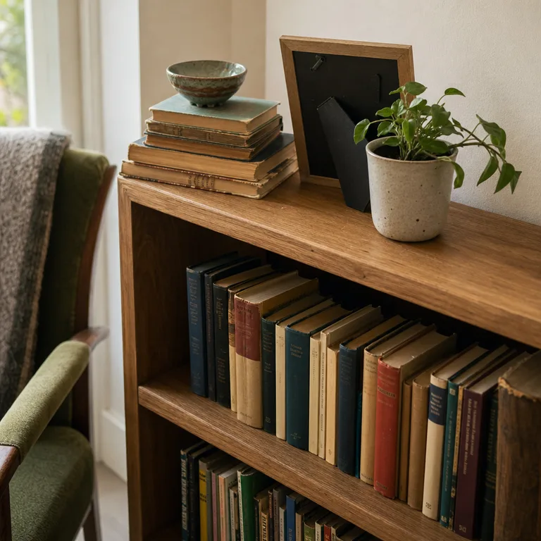Horizontal book stacks on a wooden shelf support small everyday objects.
