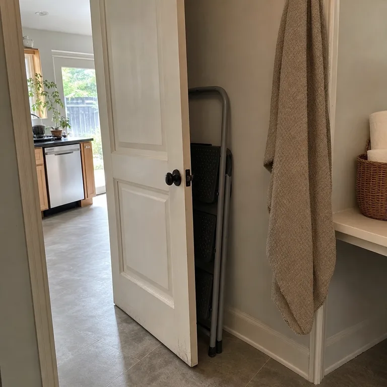 A folded step stool parked behind a utility door with room for the door to swing.