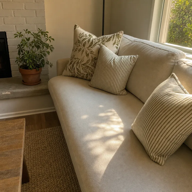 An off-white sofa with an oversized olive leaf pillow behind two smaller fine-striped pillows.