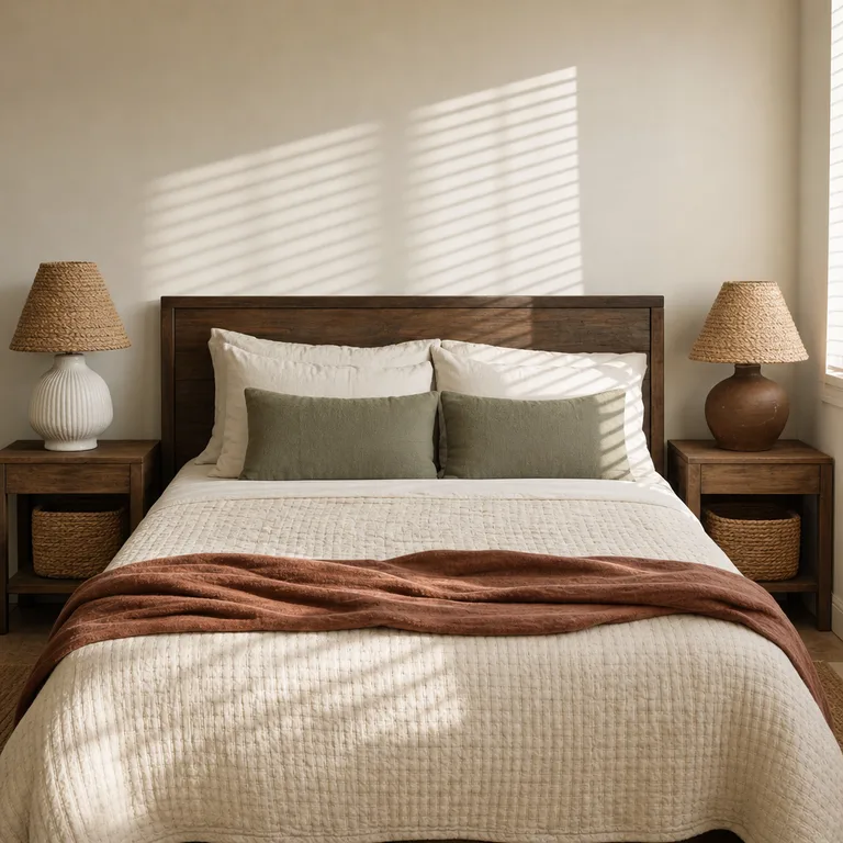 Ceramic and wood bedside lamps unified by woven seagrass shades and baskets.