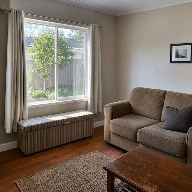 A striped storage bench placed below a living room window.