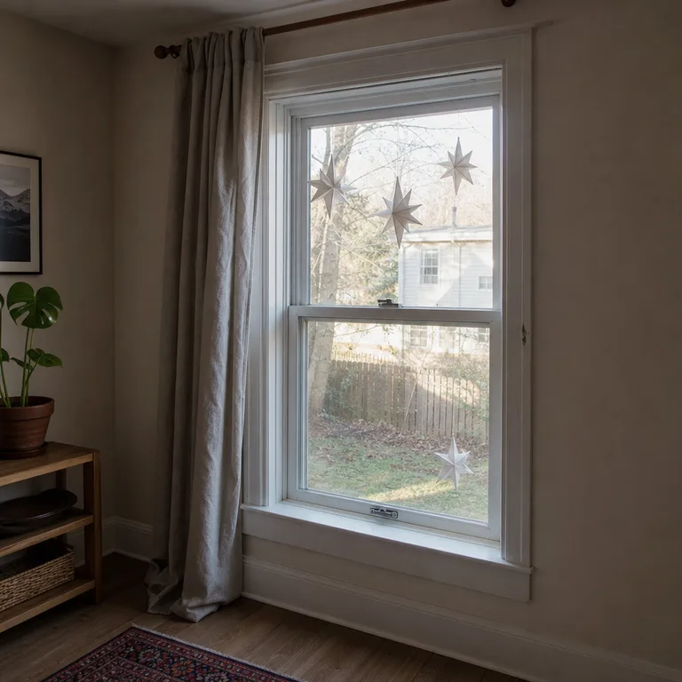 White paper stars clustered in the upper corner of an apartment window, leaving the lower sash clear.