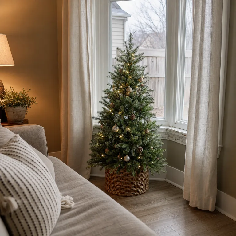 A compact Christmas tree sits in a recessed living-room window bay between curtains.