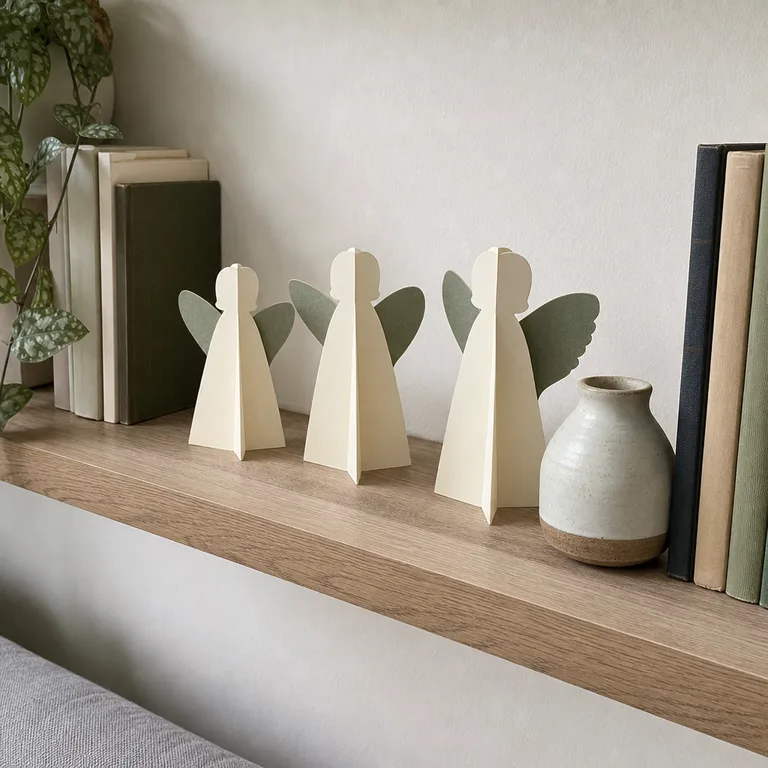 Three cream and green slotted paper angel figures stand on a floating living-room shelf.