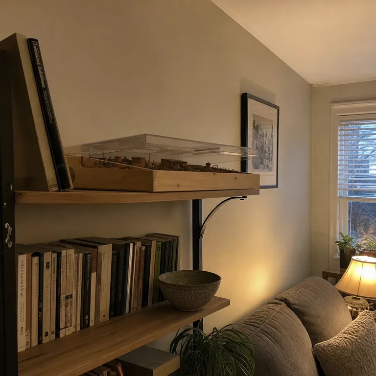 Covered wooden project tray stored on the top shelf of a living-room bookcase.