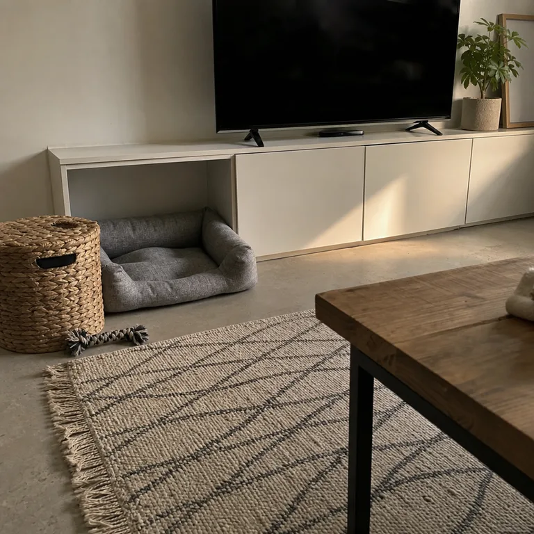 Small gray pet bed beside a low white media cabinet with a lidded woven bin for supplies.