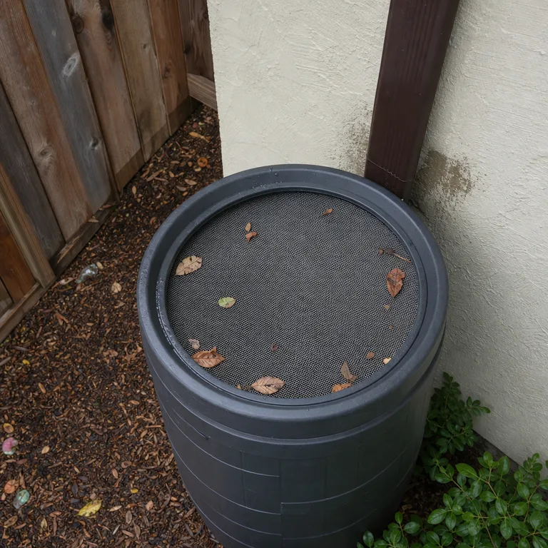 Screened rain-barrel lid beneath a downspout with a few leaves resting on the mesh.