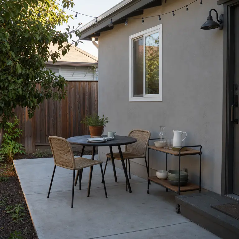 A rolling serving cart adds food and drink space beside a small patio table.