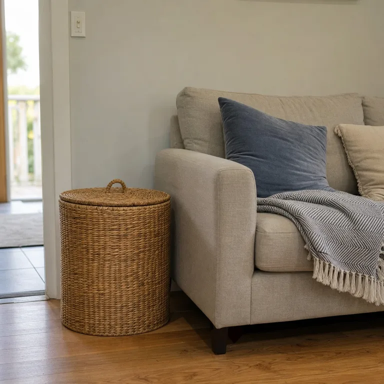 A lidded rattan basket beside a neutral sofa used for living room storage.