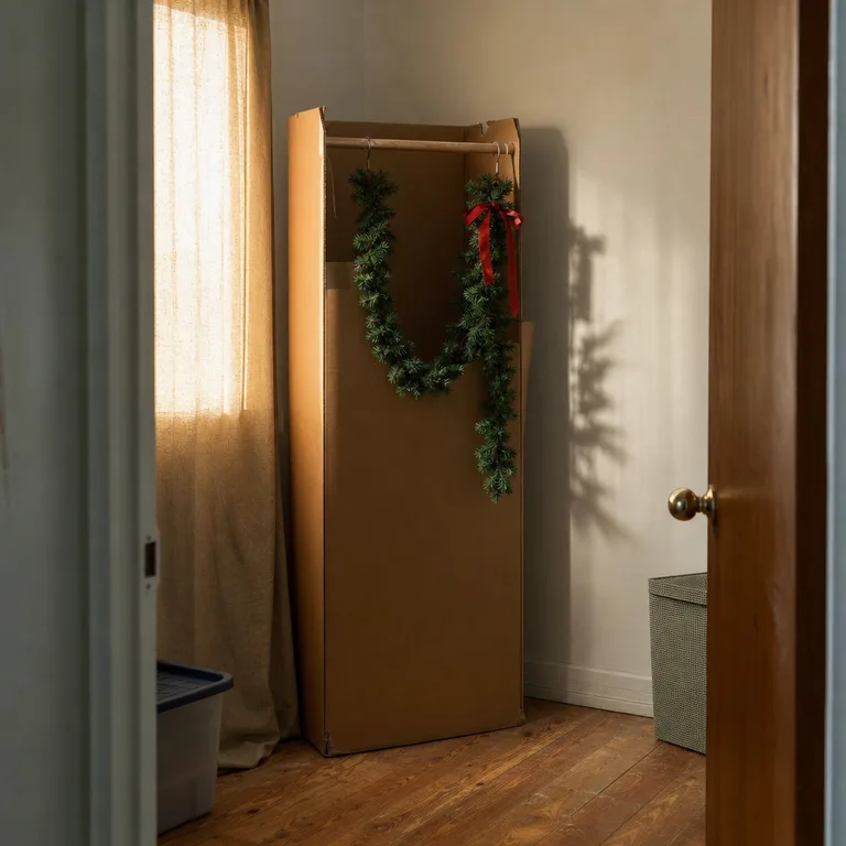 Faux Christmas garland hanging inside a tall cardboard wardrobe box to avoid crushing.