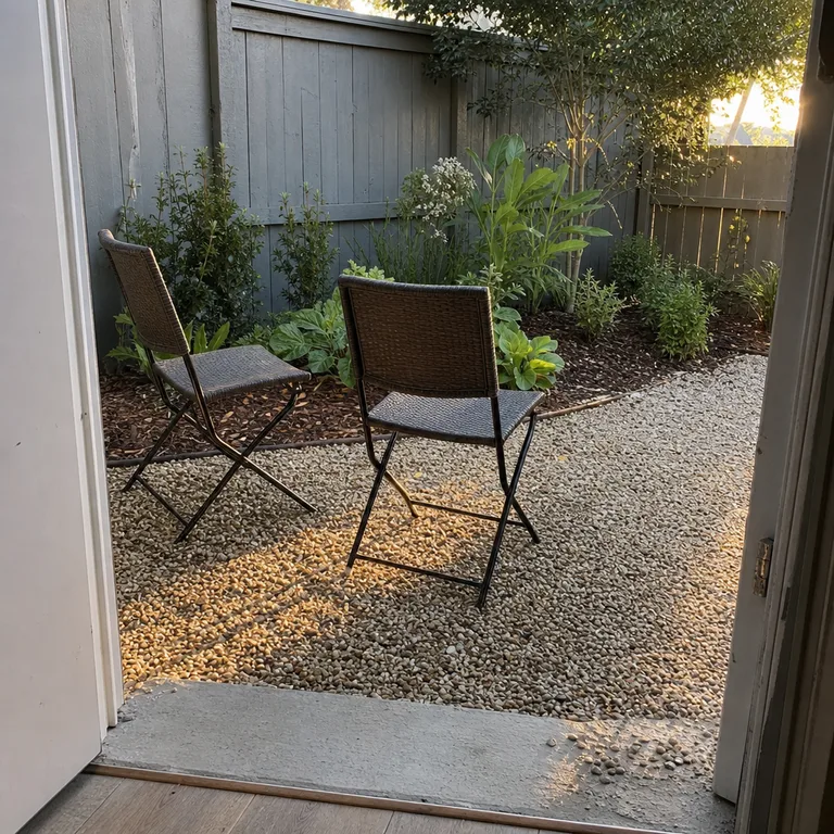 Small gravel seating area beside a leafy shaded garden border.