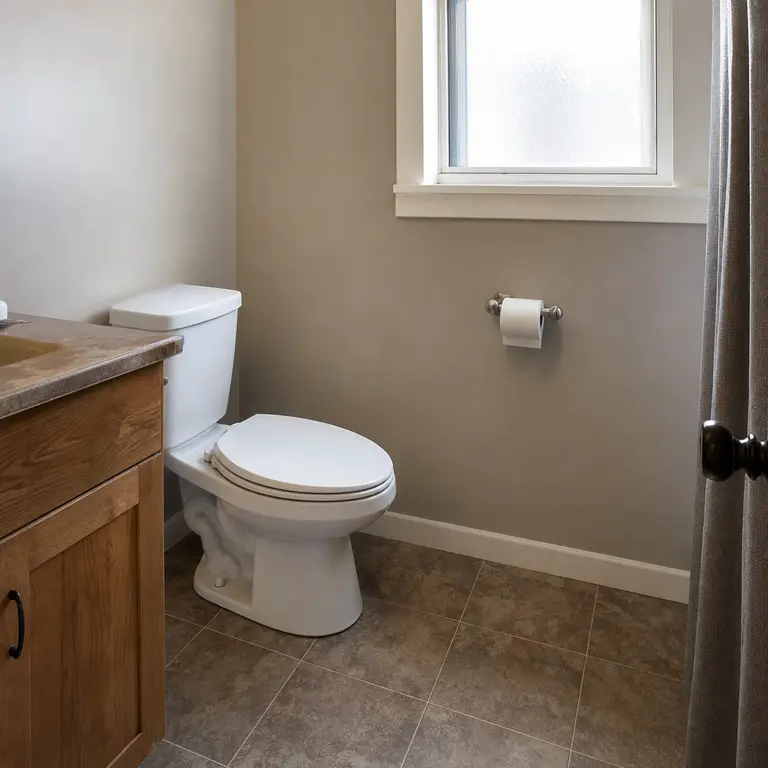 A wall-mounted toilet paper holder leaves open floor beside the toilet.