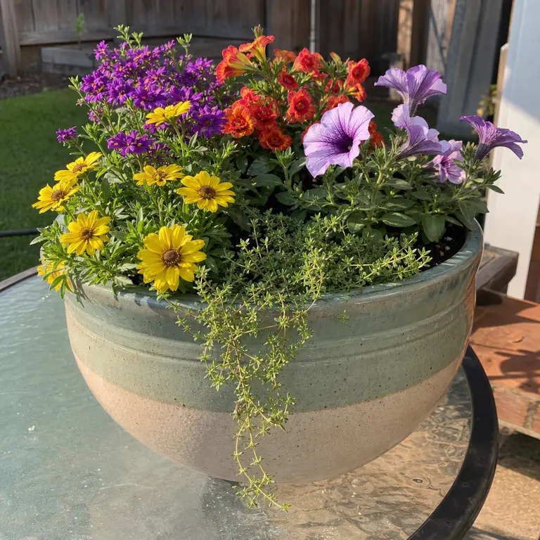 Flowering plants and trailing thyme growing together in a wide patio pot.