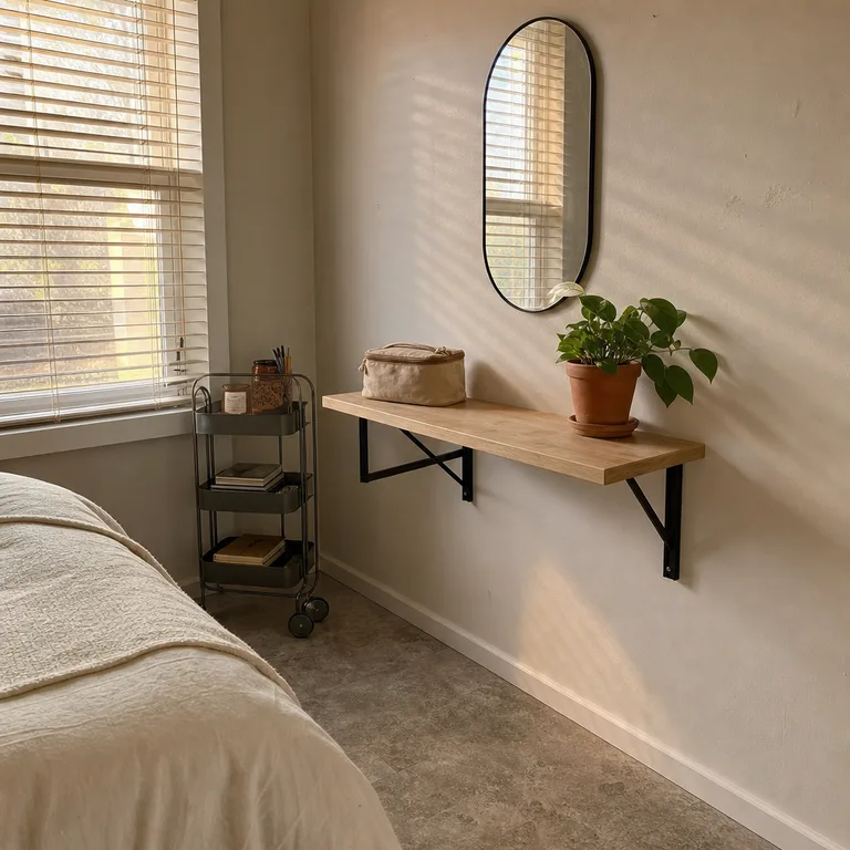 A narrow wall-mounted desk shelf with an oval mirror above it and a rolling grooming cart beside it.