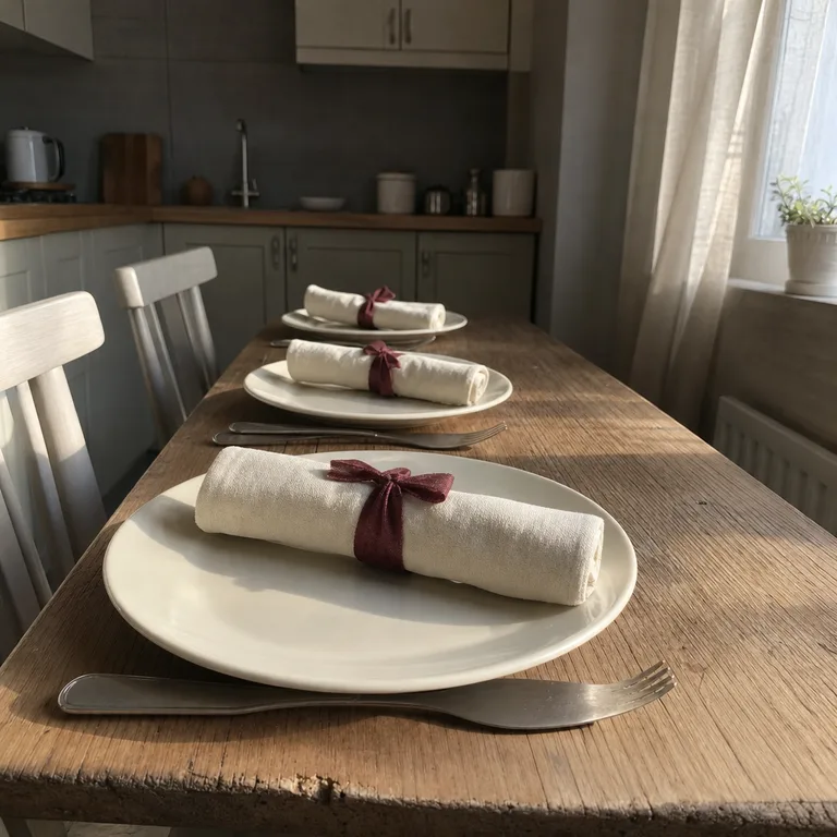 A cream everyday plate holds a rolled ivory napkin tied with burgundy fabric ribbon at a kitchen table.