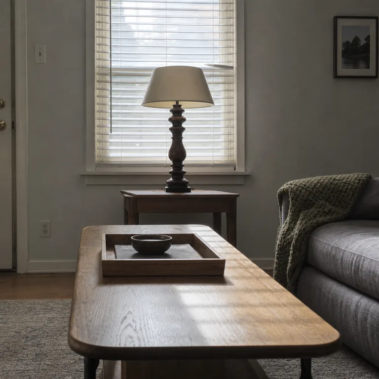 Wide low-profile off-white shade balances a tall turned wood lamp base on a broad end table.