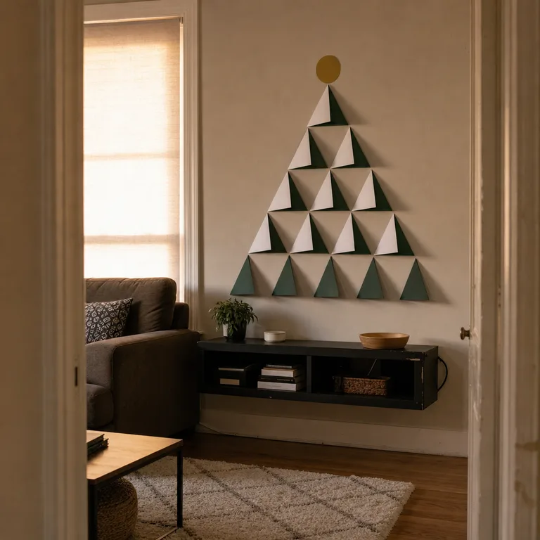 Graduated folded cardstock triangles arranged as a geometric Christmas tree above a media shelf.