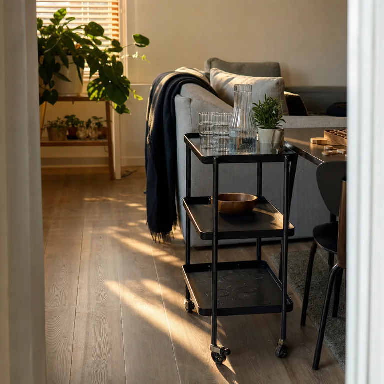 A narrow rolling cart beside a living-room game table holding drinks and supplies.