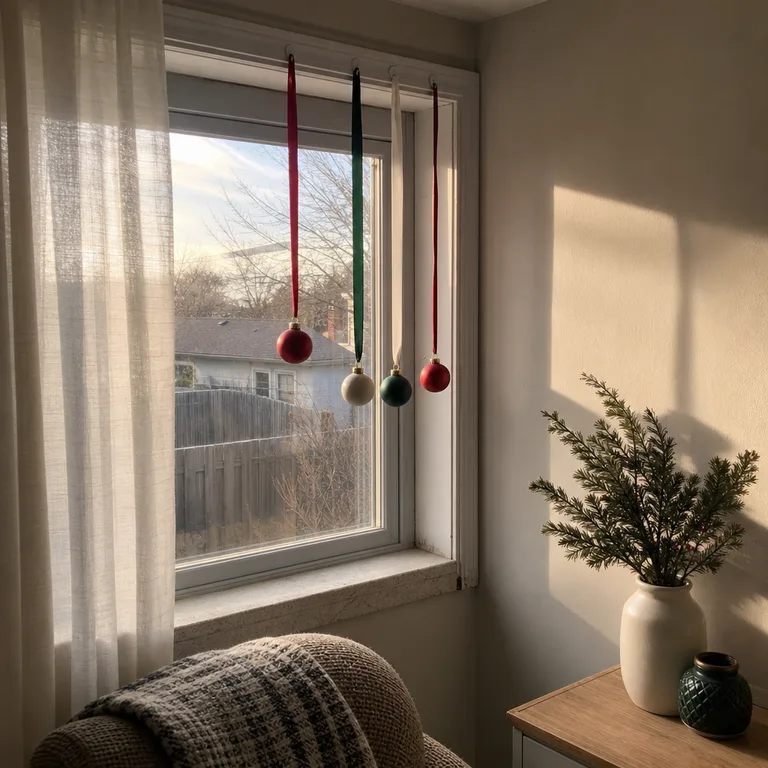 Lightweight red and green ornaments hanging from ribbons above an apartment window.