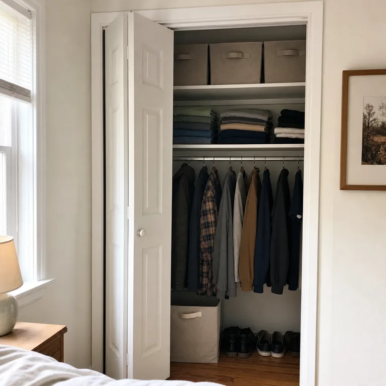 Canvas storage boxes holding folded clothing on a shelf inside a small built-in closet.