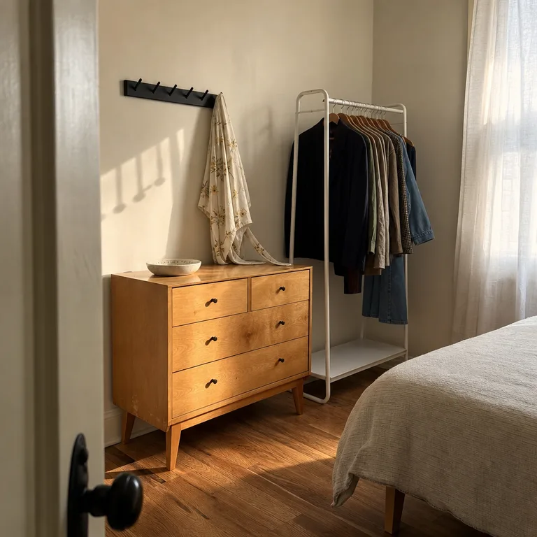 A maple dresser with a removable peg rail and compact open clothing rack in a renter bedroom.