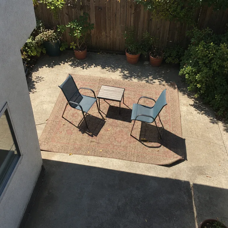 A washable patterned outdoor rug defines a small patio seating area.