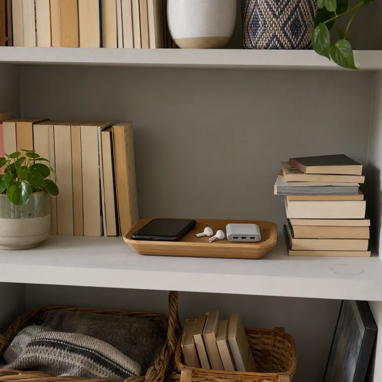 A bamboo tray on a bookcase shelf keeps small devices and a charging hub together.