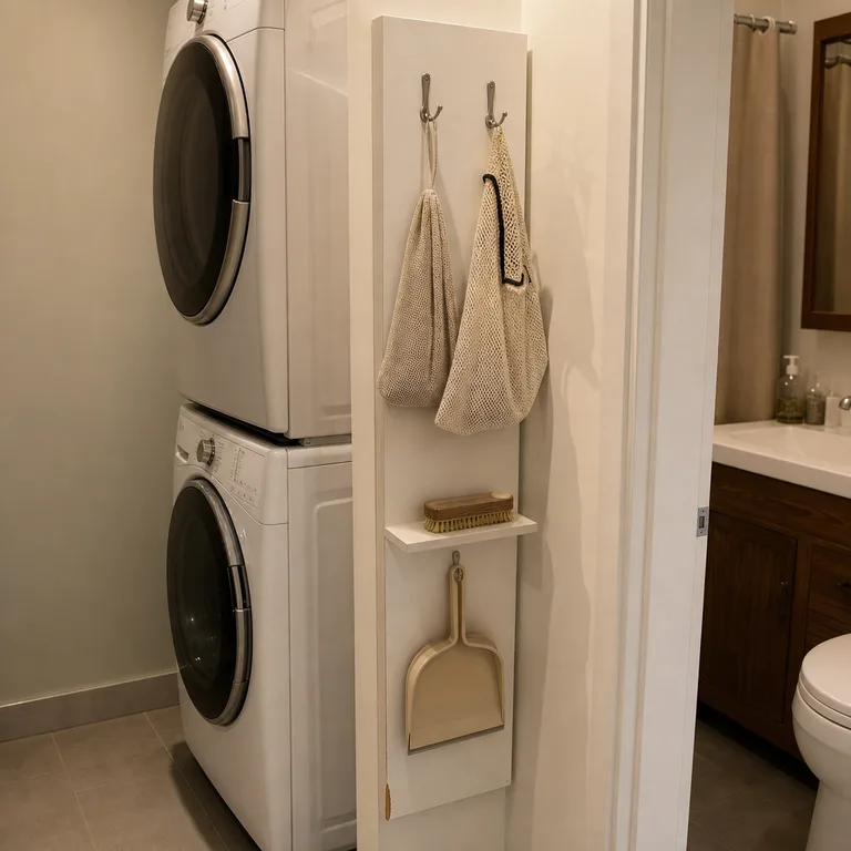 A narrow wall-mounted cleaning station beside a stacked washer-dryer holds a dustpan and laundry bags.