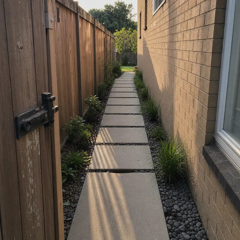 Straight permeable concrete paver path in a narrow side yard leading from a weathered wooden gate beside a brick house.
