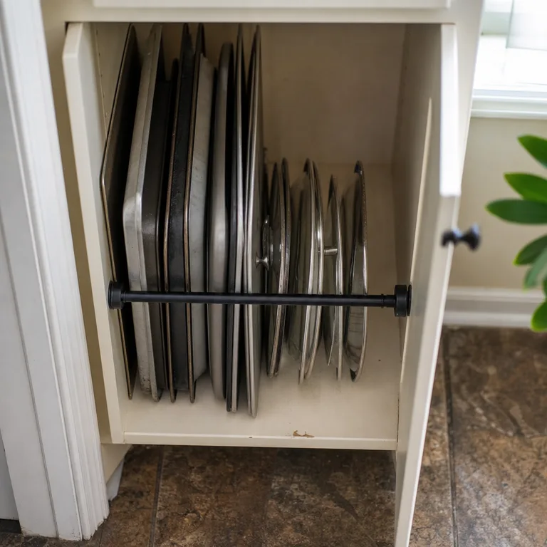 Adjustable tension divider separating upright trays and pan lids in a lower cabinet.