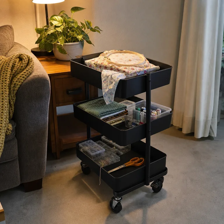 Three-tier rolling cart beside a sofa holding sewing supplies in a small living room.