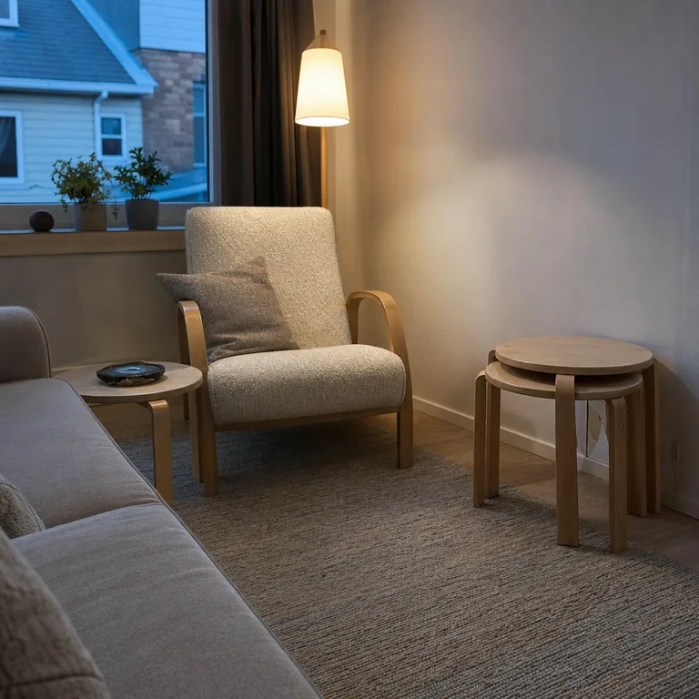 Light-wood nesting tables are partly separated for use and partly stacked beside seating in a small living room.
