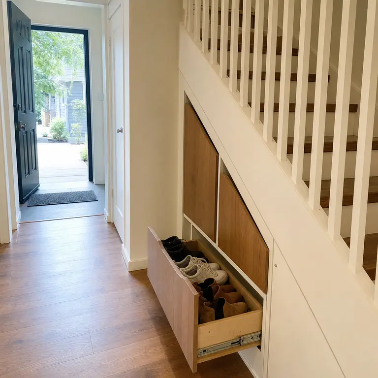 Pullout shoe drawers fitted into the space beneath an entry staircase.