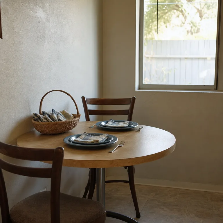 Handled basket of folded napkins on a small round dining table.