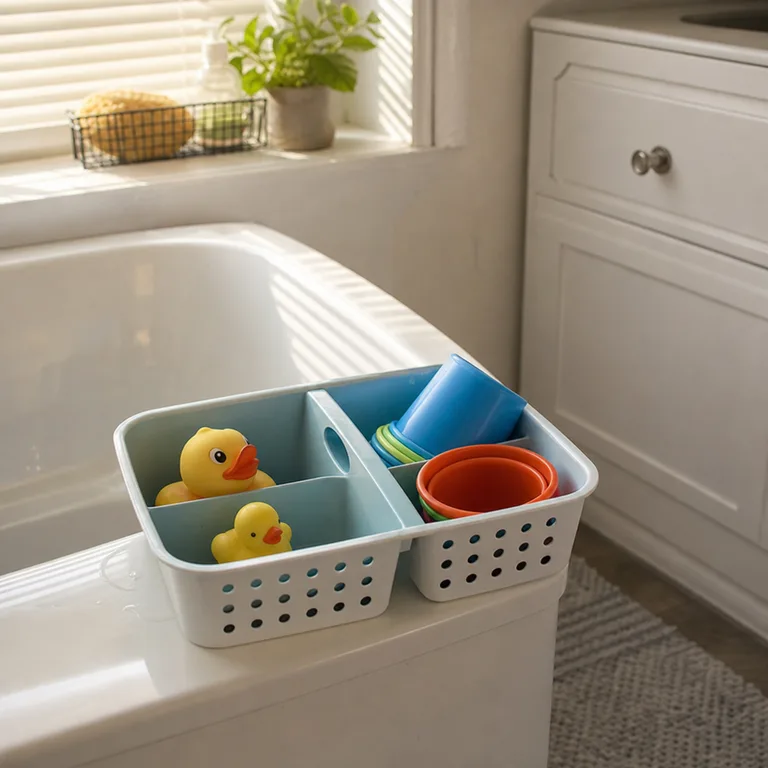A divided rinse basket separates types of bath toys on a tub ledge while toiletries remain in the closed vanity drawer.
