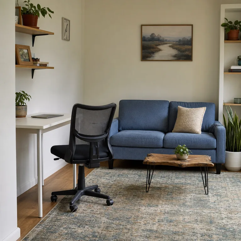 A desk task chair rolled into a seating group in a small combined living room and workspace.