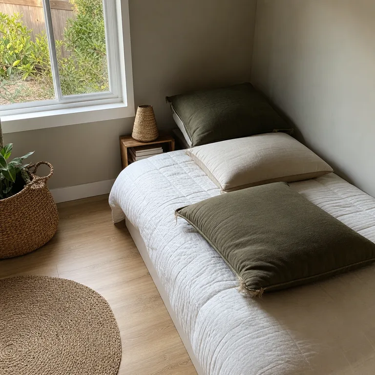 Large floor cushions layered along the wall behind a low plain bed.